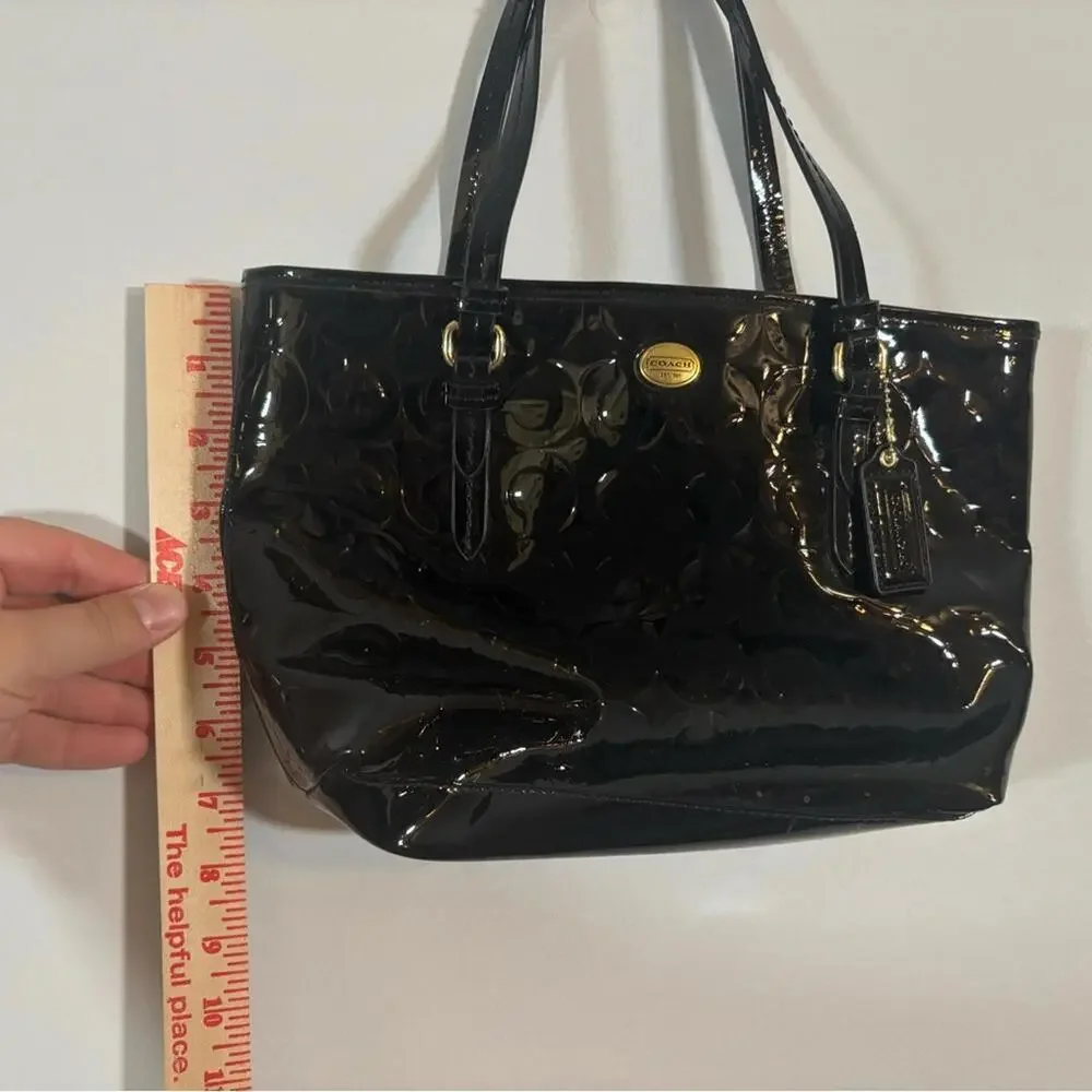 Coach Black Patent Leather Embossed Signature Tote Bag 13x9” Gold Hardware